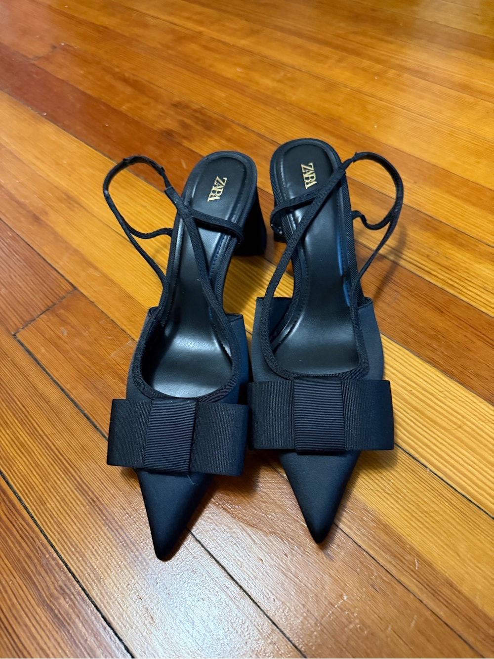 Zara Black Pointed Slingback Heels with Bow Detail